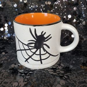 Large Global Design Halloween Coffee Mug Black Spider And Web Orange Inside NWOT
